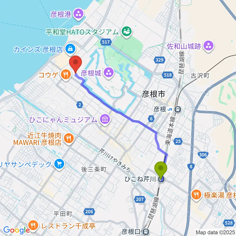 ひこね芹川駅から滋賀大学経済学部附属史料館へのルートマップ地図