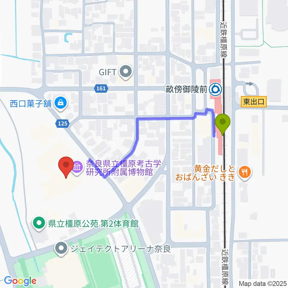 奈良県立橿原考古学研究所附属博物館の最寄駅畝傍御陵前駅からの徒歩ルート（約4分）地図