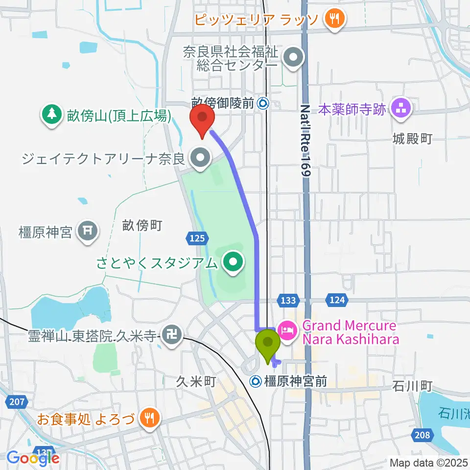 橿原神宮前駅から奈良県立橿原考古学研究所附属博物館へのルートマップ地図