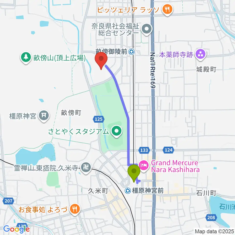 橿原神宮前駅から奈良県立橿原考古学研究所附属博物館へのルートマップ地図