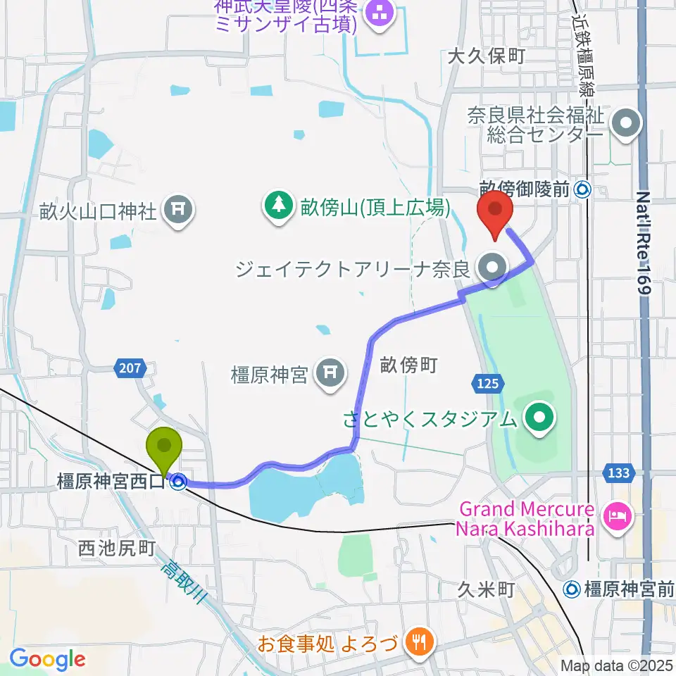 橿原神宮西口駅から奈良県立橿原考古学研究所附属博物館へのルートマップ地図