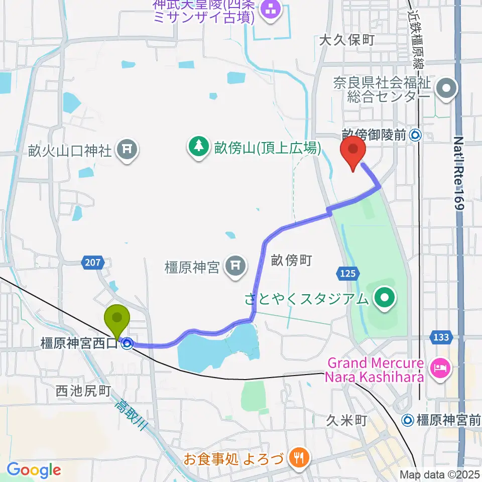 橿原神宮西口駅から奈良県立橿原考古学研究所附属博物館へのルートマップ地図