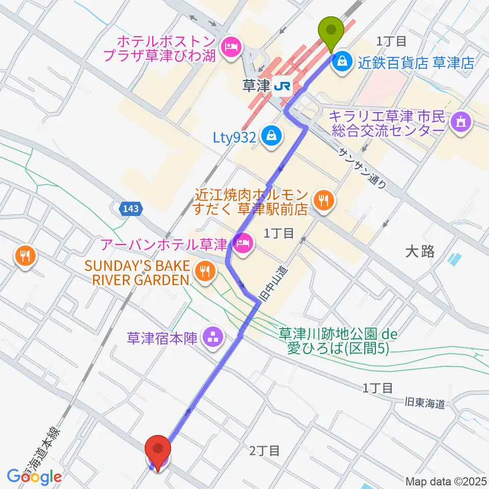 草津宿街道交流館の最寄駅草津駅からの徒歩ルート（約14分）地図