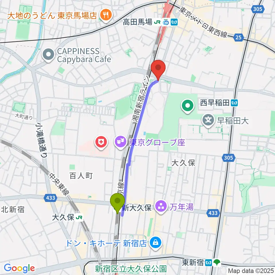 新大久保駅からベルサール高田馬場へのルートマップ地図