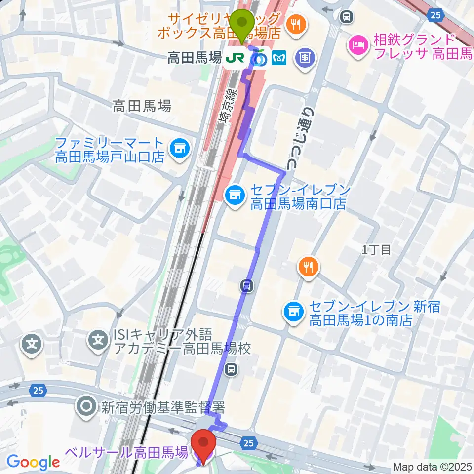 ベルサール高田馬場の最寄駅高田馬場駅からの徒歩ルート（約7分）地図