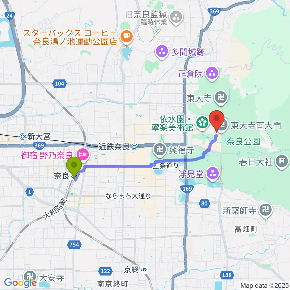 奈良駅から東大寺総合文化センターへのルートマップ地図