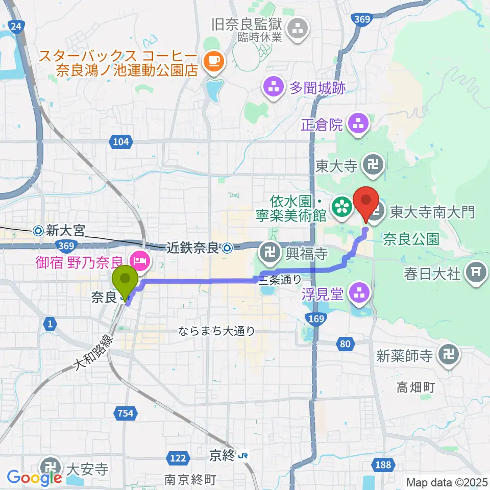 奈良駅から東大寺総合文化センターへのルートマップ地図