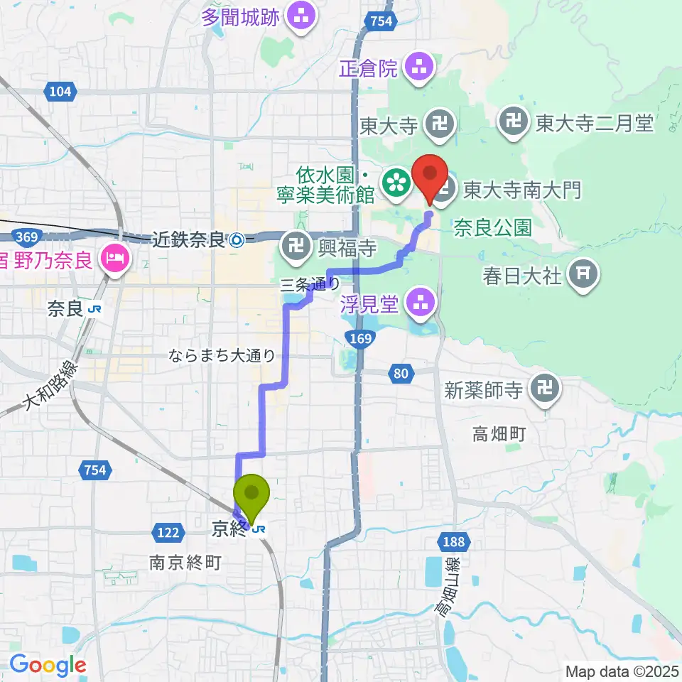 京終駅から東大寺総合文化センターへのルートマップ地図