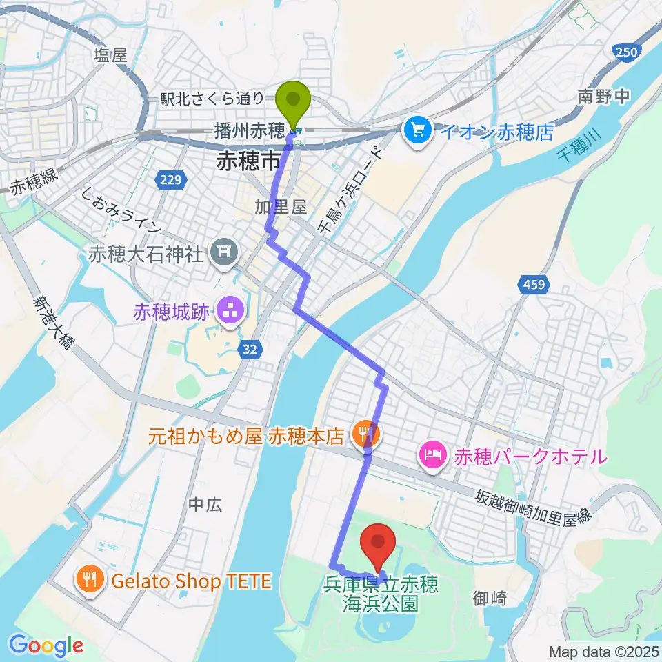 赤穂の天塩海洋科学館・塩の国の最寄駅播州赤穂駅からの徒歩ルート（約43分）地図