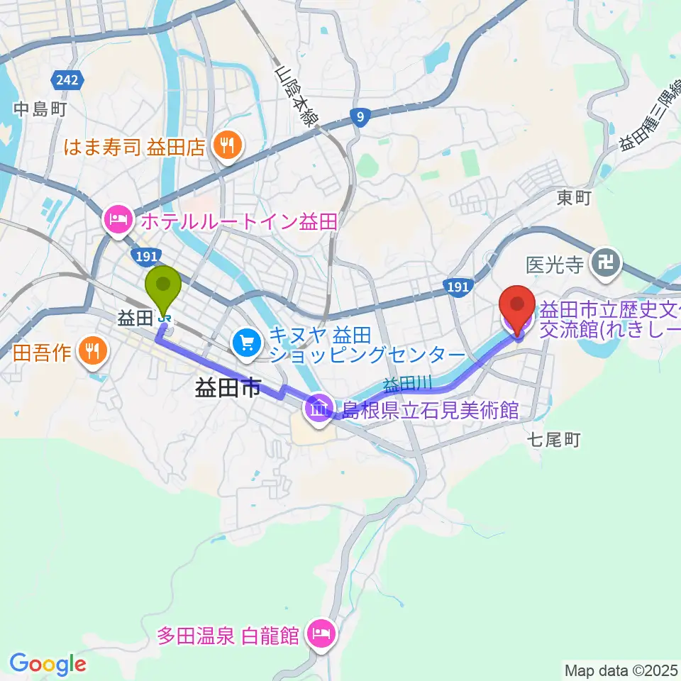 益田市立歴史文化交流館れきしーなの最寄駅益田駅からの徒歩ルート（約33分）地図