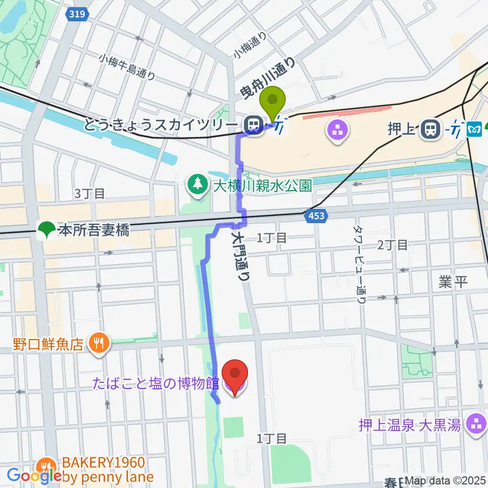 とうきょうスカイツリー駅からたばこと塩の博物館へのルートマップ地図