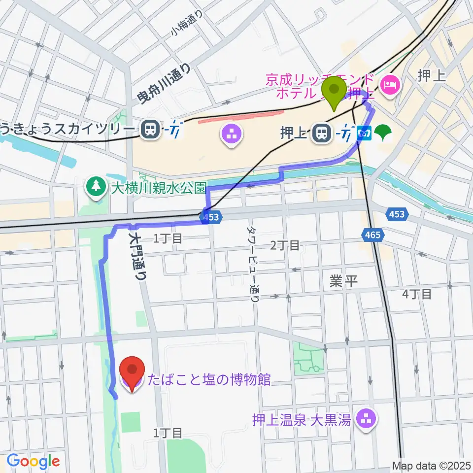 押上〈スカイツリー前〉駅からたばこと塩の博物館へのルートマップ地図
