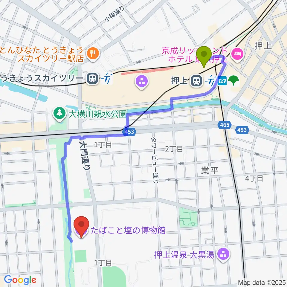 押上〈スカイツリー前〉駅からたばこと塩の博物館へのルートマップ地図