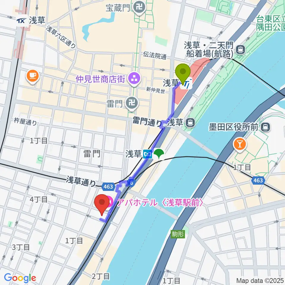 浅草駅から世界のカバン博物館へのルートマップ地図