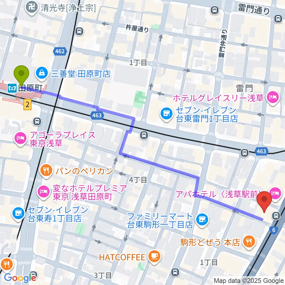 世界のカバン博物館の最寄駅田原町駅からの徒歩ルート（約7分）地図