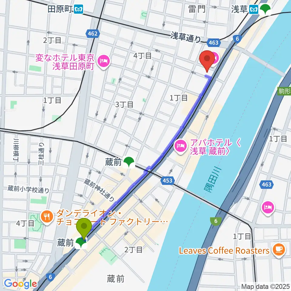 蔵前駅から世界のカバン博物館へのルートマップ地図