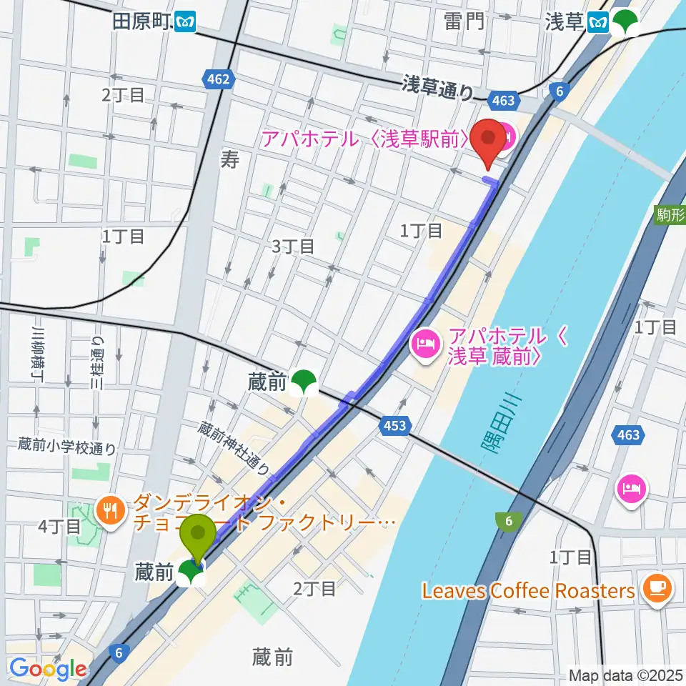 蔵前駅から世界のカバン博物館へのルートマップ地図