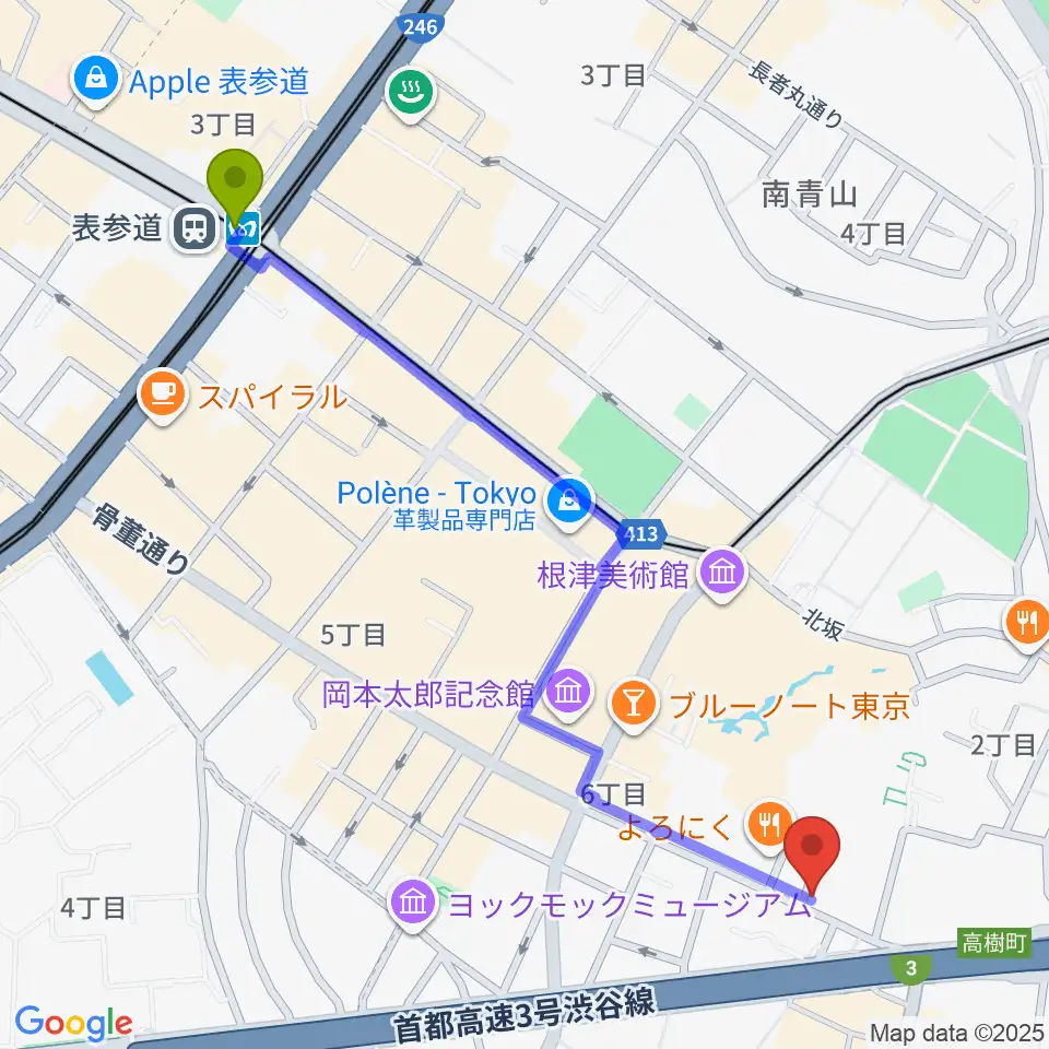 紅ミュージアムの最寄駅表参道駅からの徒歩ルート（約13分）地図