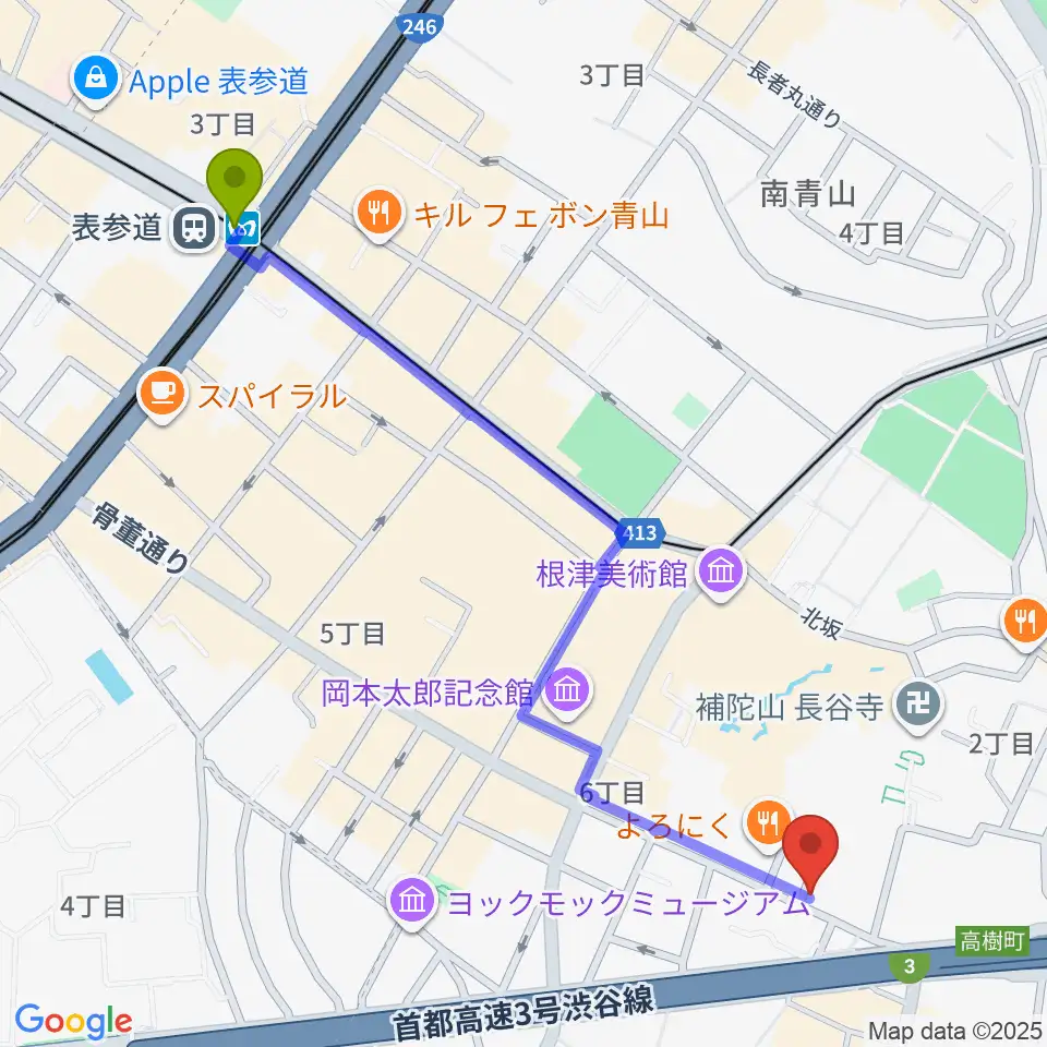紅ミュージアムの最寄駅表参道駅からの徒歩ルート（約13分）地図