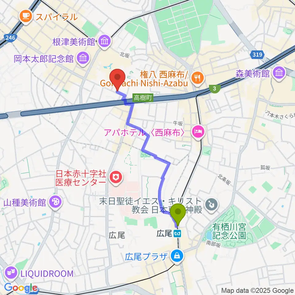 広尾駅から紅ミュージアムへのルートマップ地図