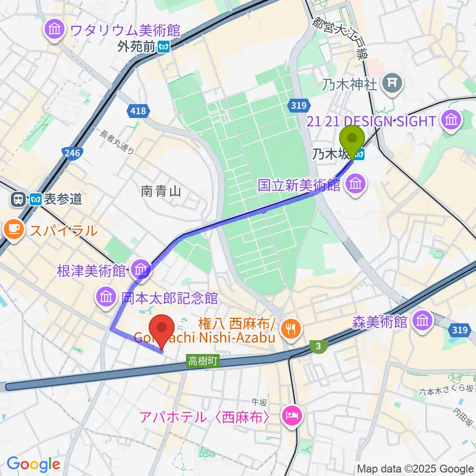 乃木坂駅から紅ミュージアムへのルートマップ地図