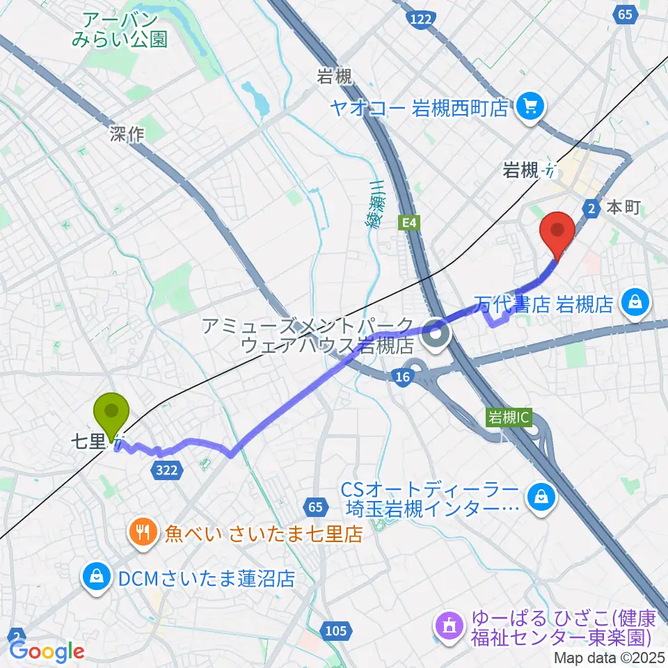 七里駅からさいたま市岩槻郷土資料館へのルートマップ地図