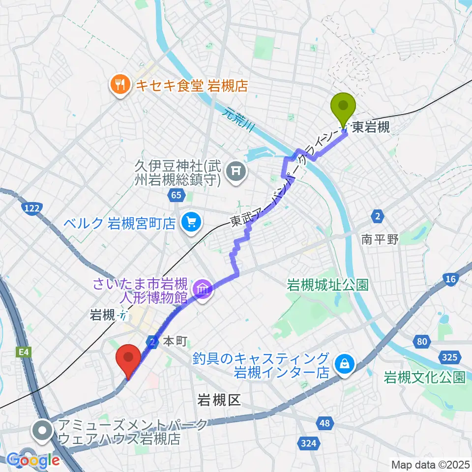 東岩槻駅からさいたま市岩槻郷土資料館へのルートマップ地図