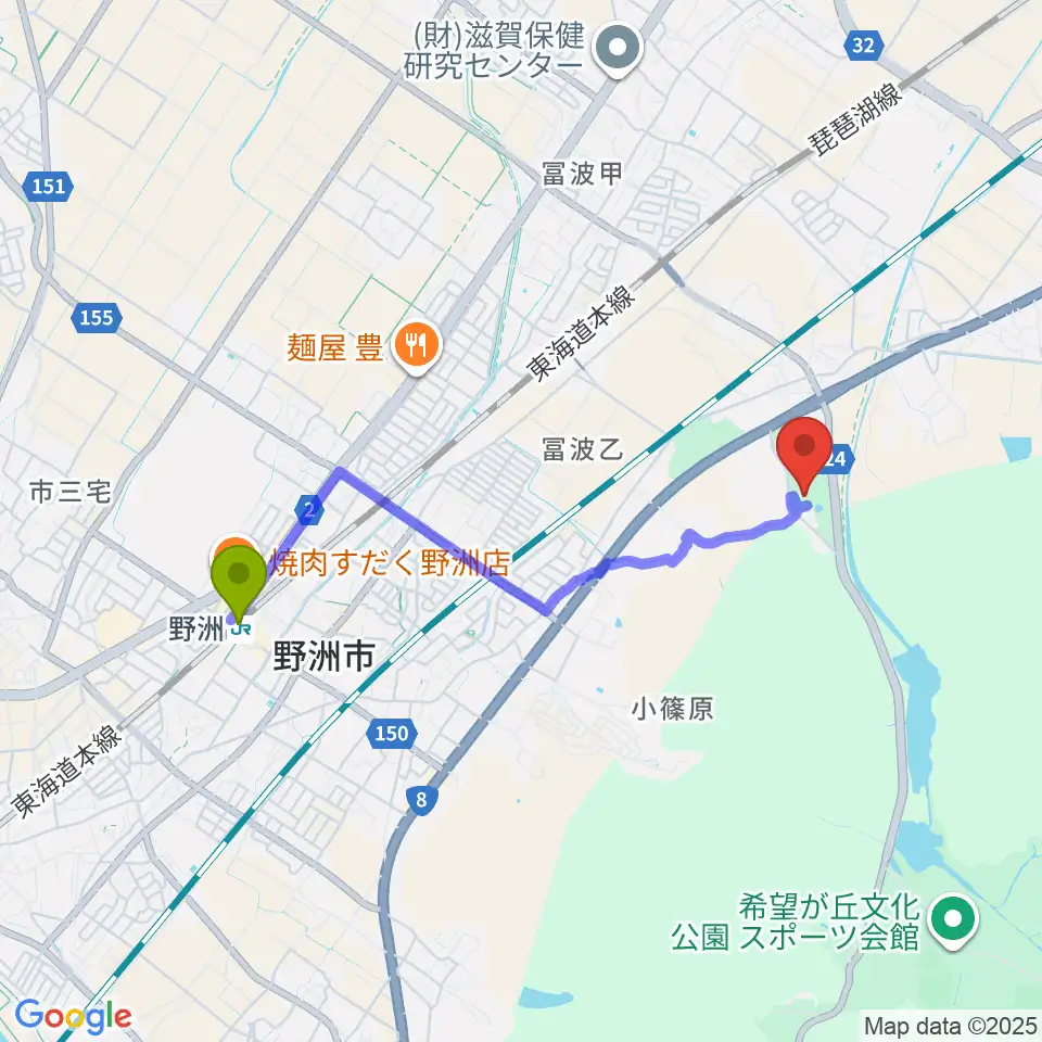野洲市歴史民俗博物館の最寄駅野洲駅からの徒歩ルート（約35分）地図