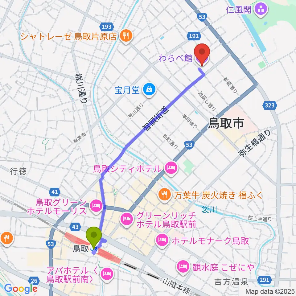 わらべ館の最寄駅鳥取駅からの徒歩ルート（約22分）地図