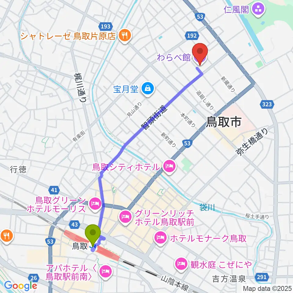 わらべ館の最寄駅鳥取駅からの徒歩ルート（約22分）地図