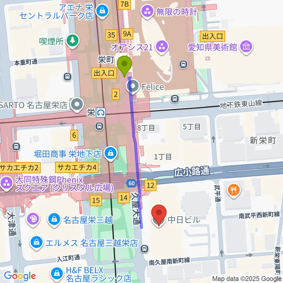 中日ホールの最寄駅栄町駅からの徒歩ルート（約4分）地図