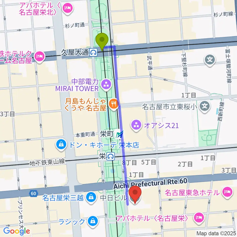 久屋大通駅から中日ホールへのルートマップ地図