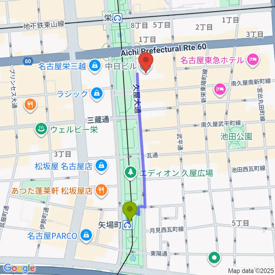 矢場町駅から中日ホールへのルートマップ地図
