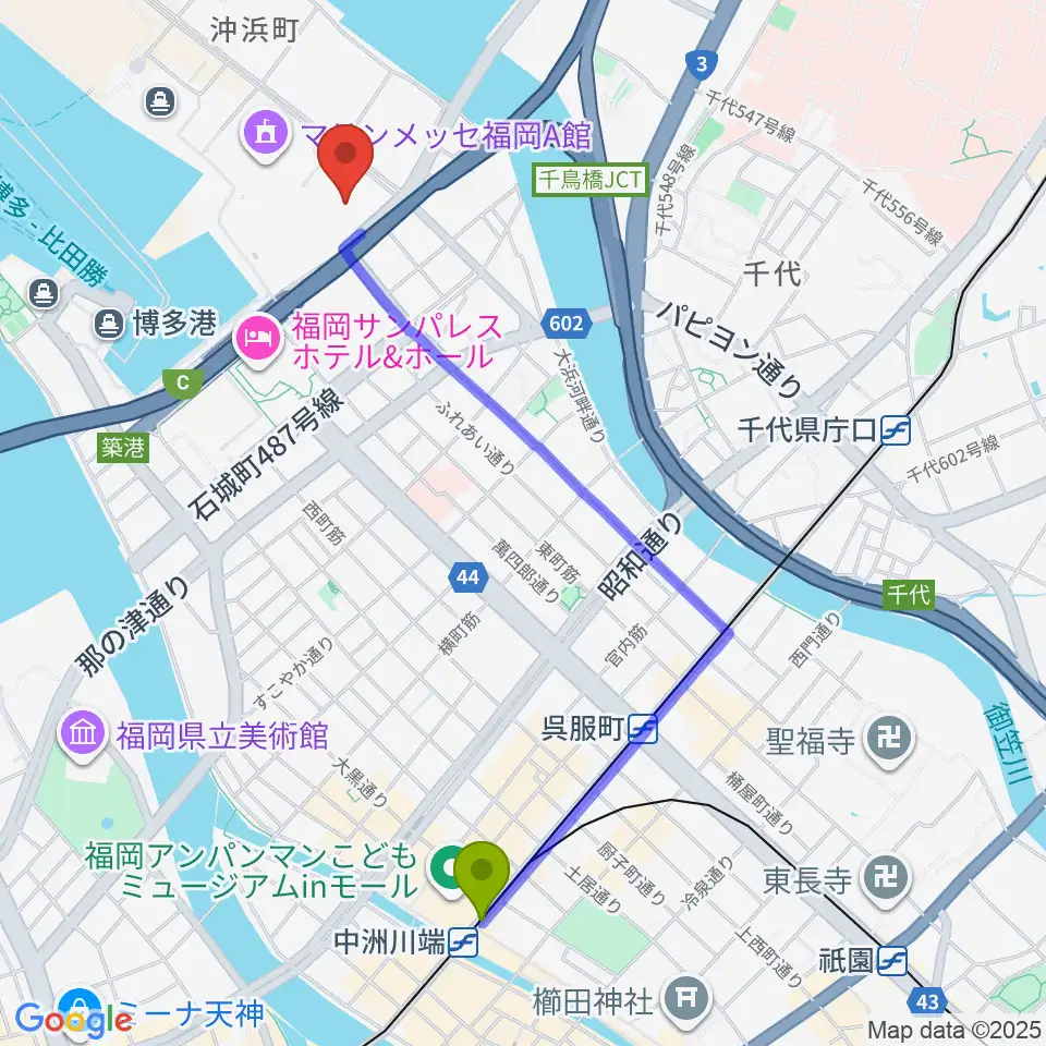 中洲川端駅からマリンメッセ福岡B館へのルートマップ地図