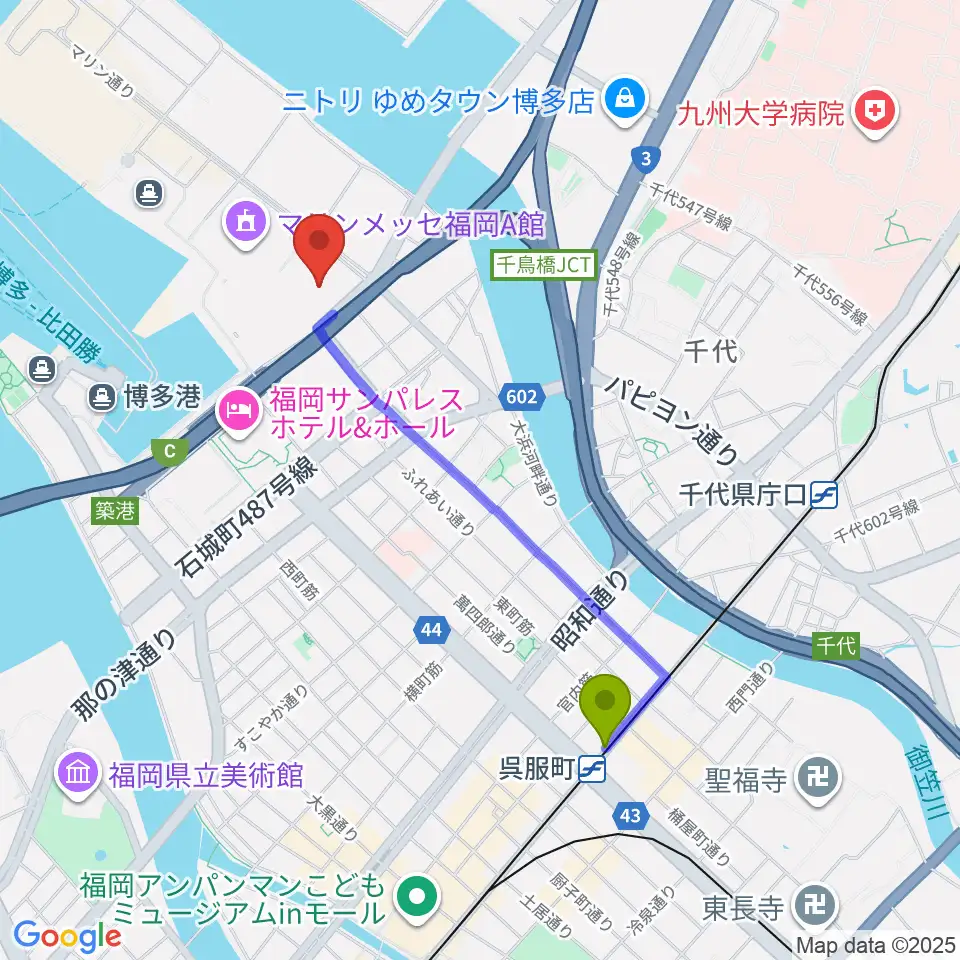 マリンメッセ福岡B館の最寄駅呉服町駅からの徒歩ルート（約18分）地図