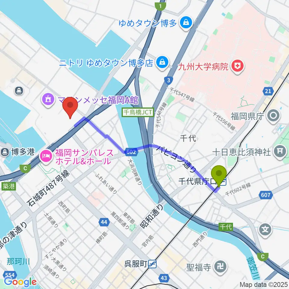 千代県庁口駅からマリンメッセ福岡B館へのルートマップ地図