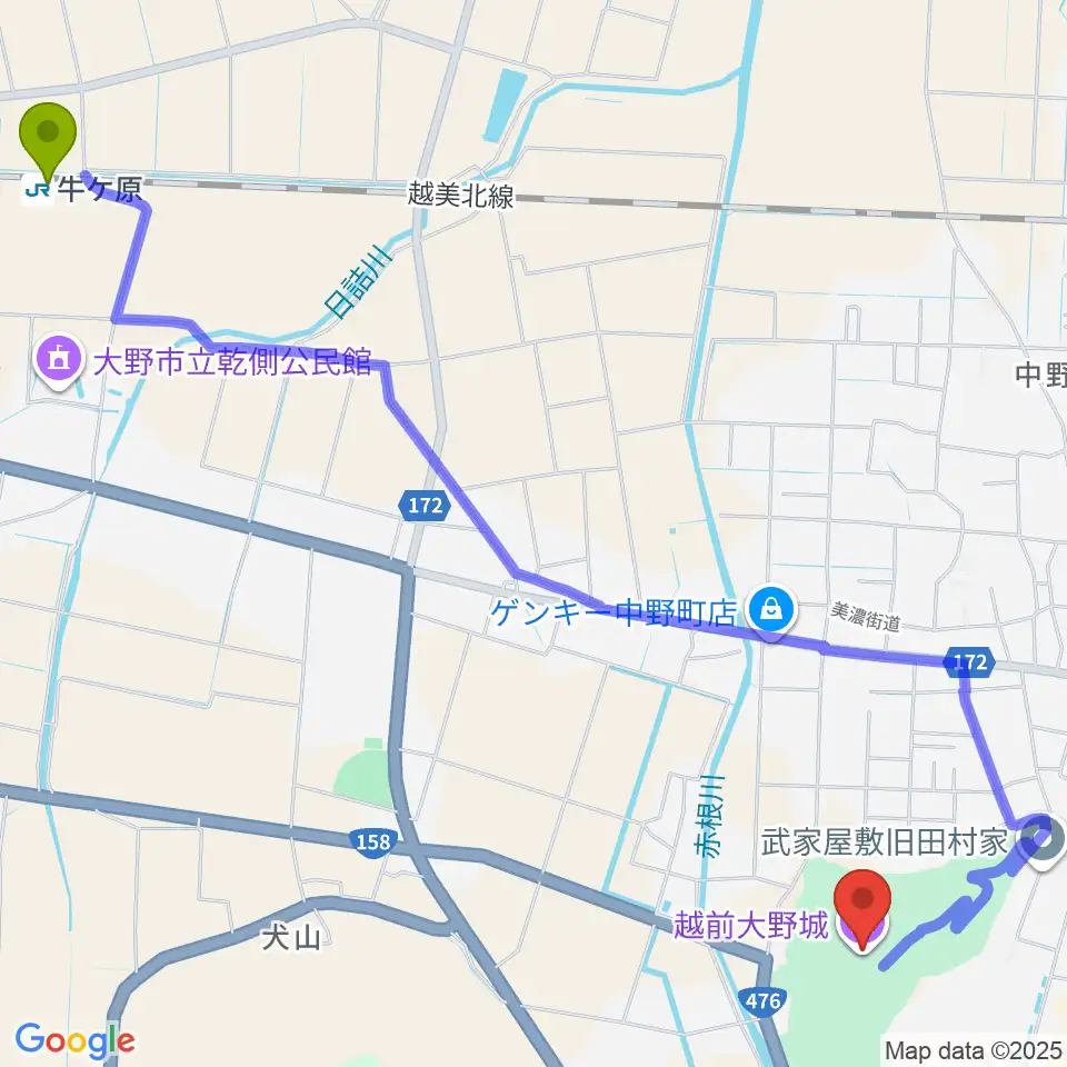 牛ケ原駅から越前大野城へのルートマップ地図