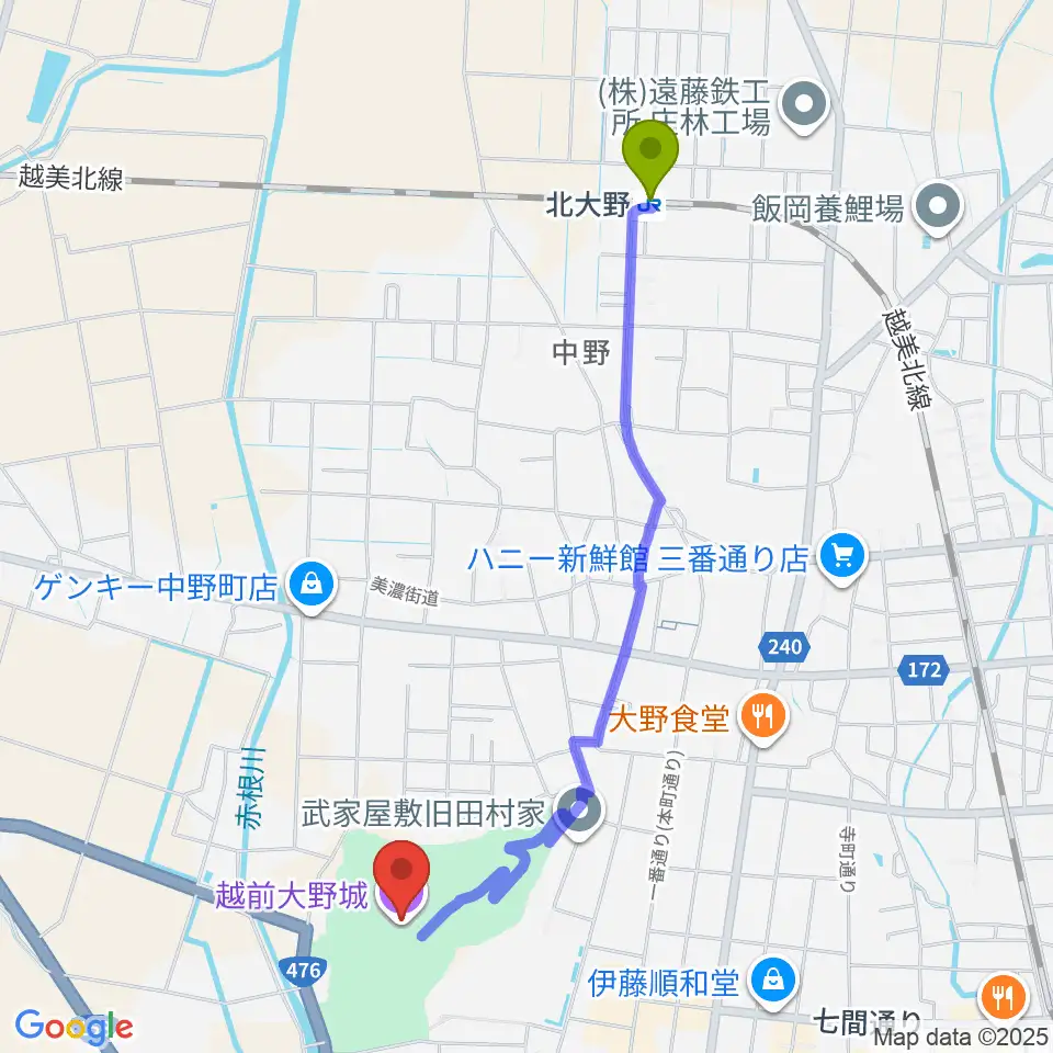 北大野駅から越前大野城へのルートマップ地図