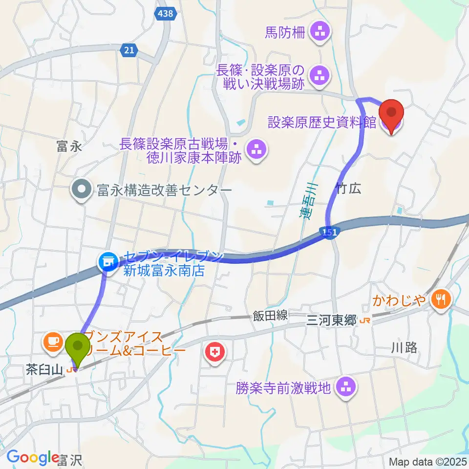茶臼山駅から新城市設楽原歴史資料館へのルートマップ地図