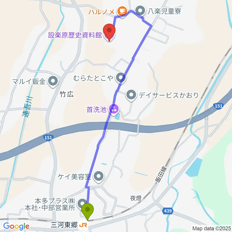 新城市設楽原歴史資料館の最寄駅三河東郷駅からの徒歩ルート（約12分）地図