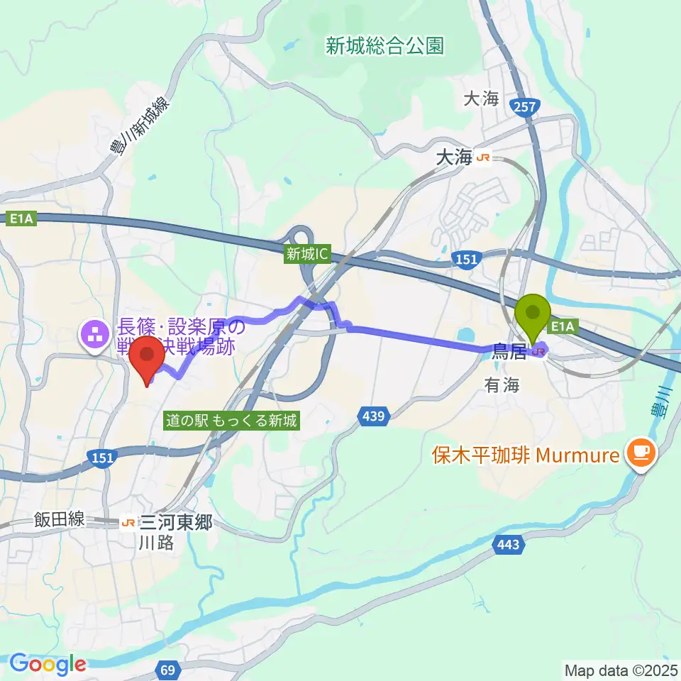 鳥居駅から新城市設楽原歴史資料館へのルートマップ地図