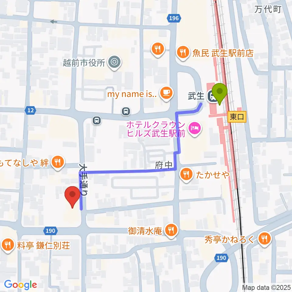 武生公会堂記念館の最寄駅武生駅からの徒歩ルート（約5分）地図
