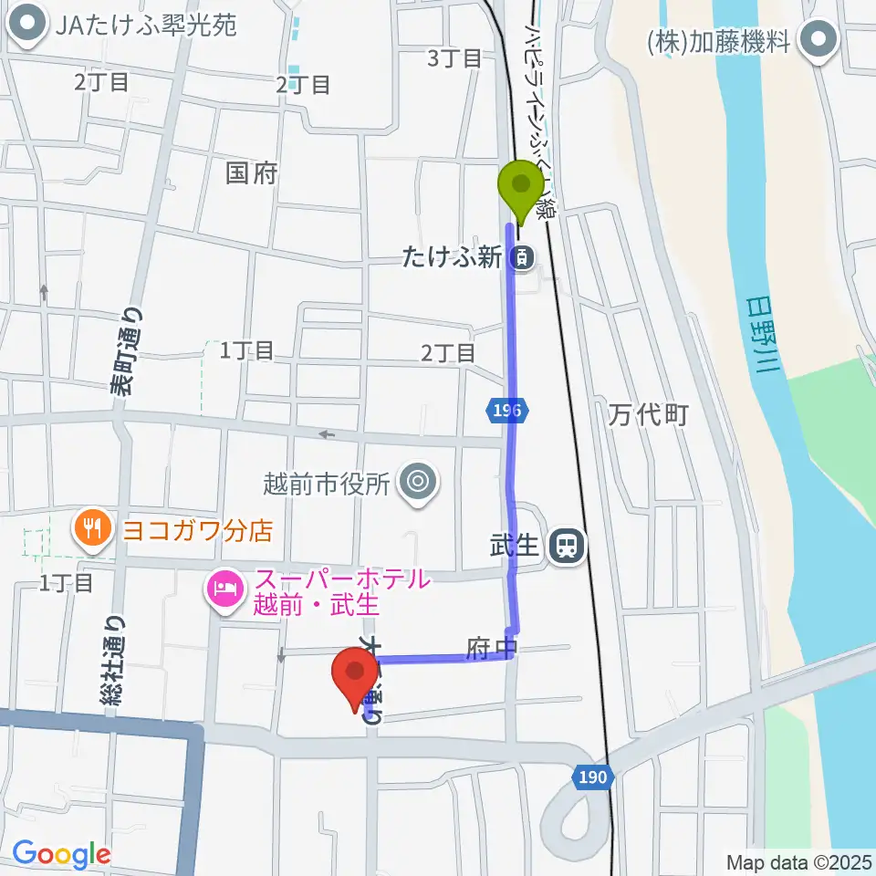 越前武生駅から武生公会堂記念館へのルートマップ地図
