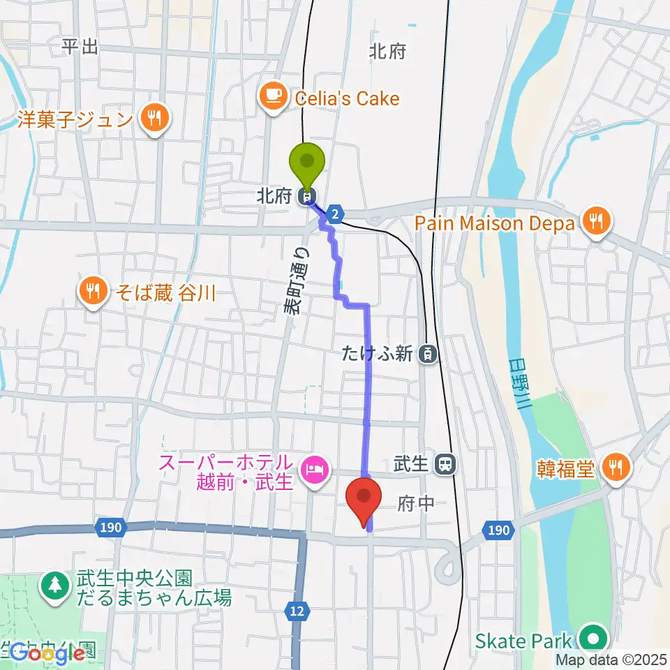 北府駅から武生公会堂記念館へのルートマップ地図