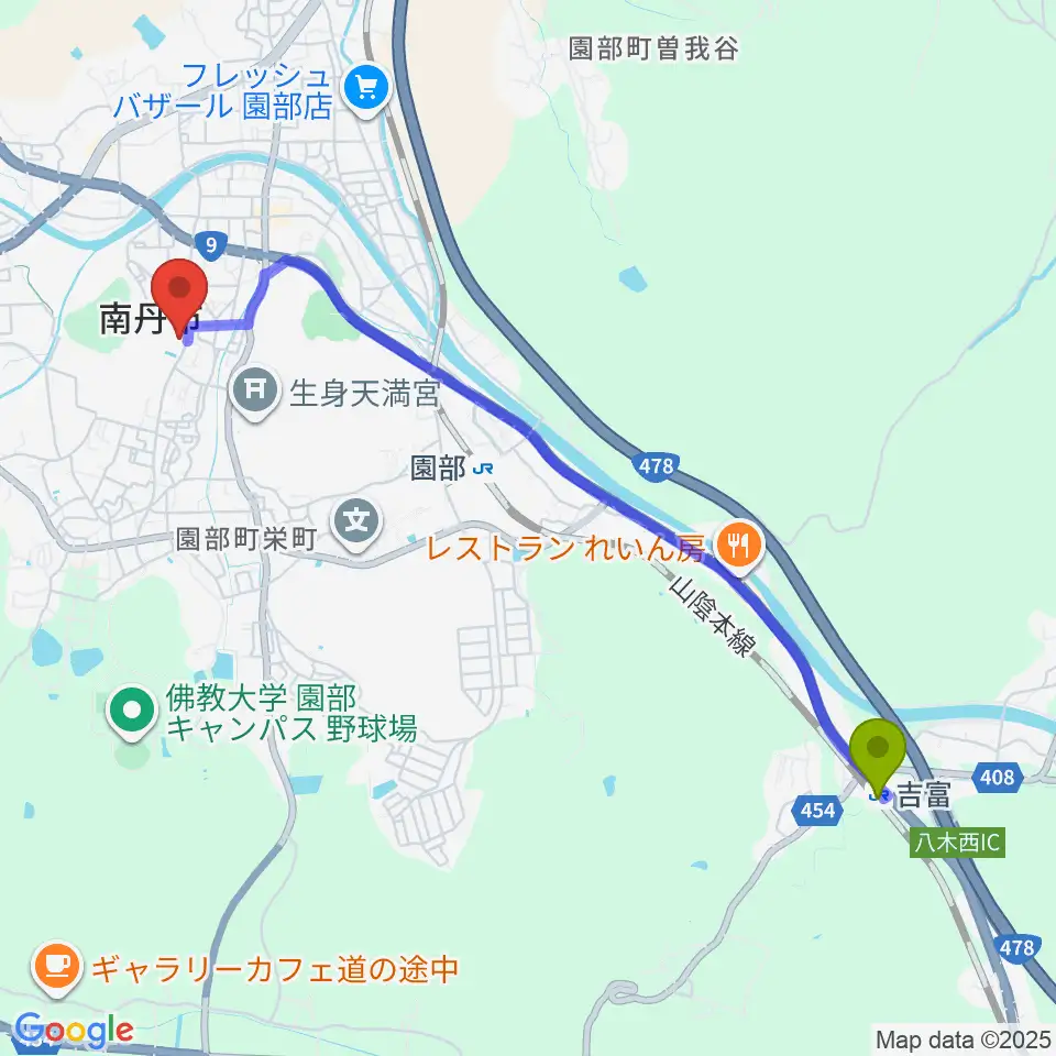 吉富駅から南丹市立文化博物館へのルートマップ地図