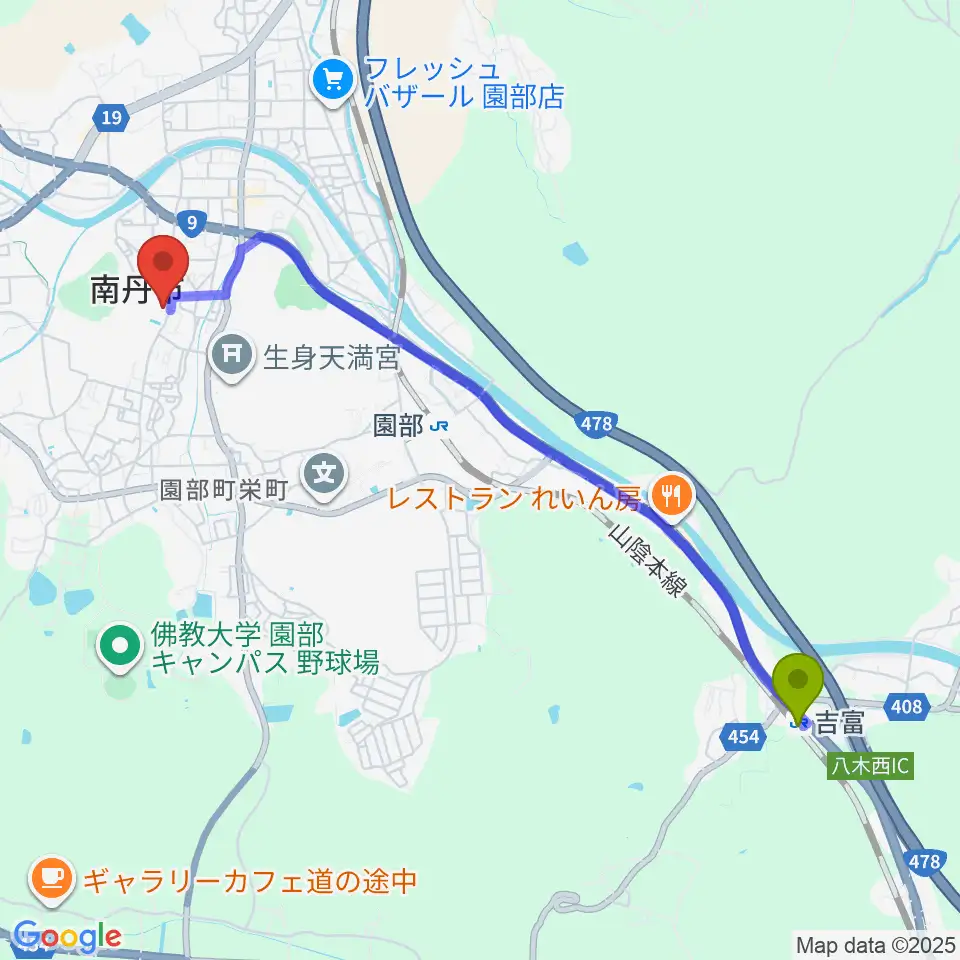 吉富駅から南丹市立文化博物館へのルートマップ地図
