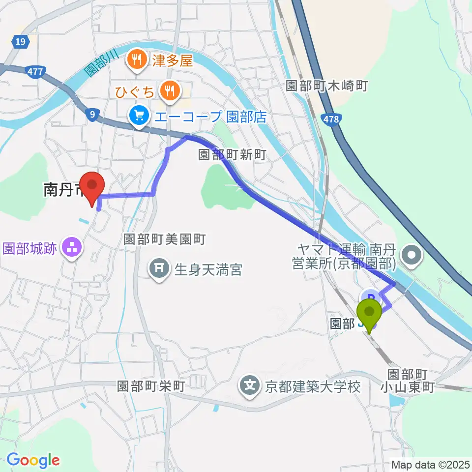 南丹市立文化博物館の最寄駅園部駅からの徒歩ルート（約20分）地図