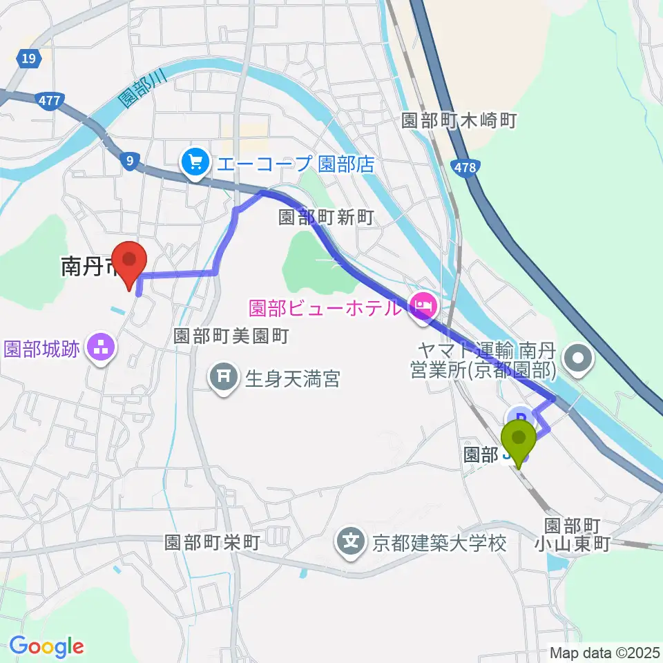 南丹市立文化博物館の最寄駅園部駅からの徒歩ルート（約20分）地図
