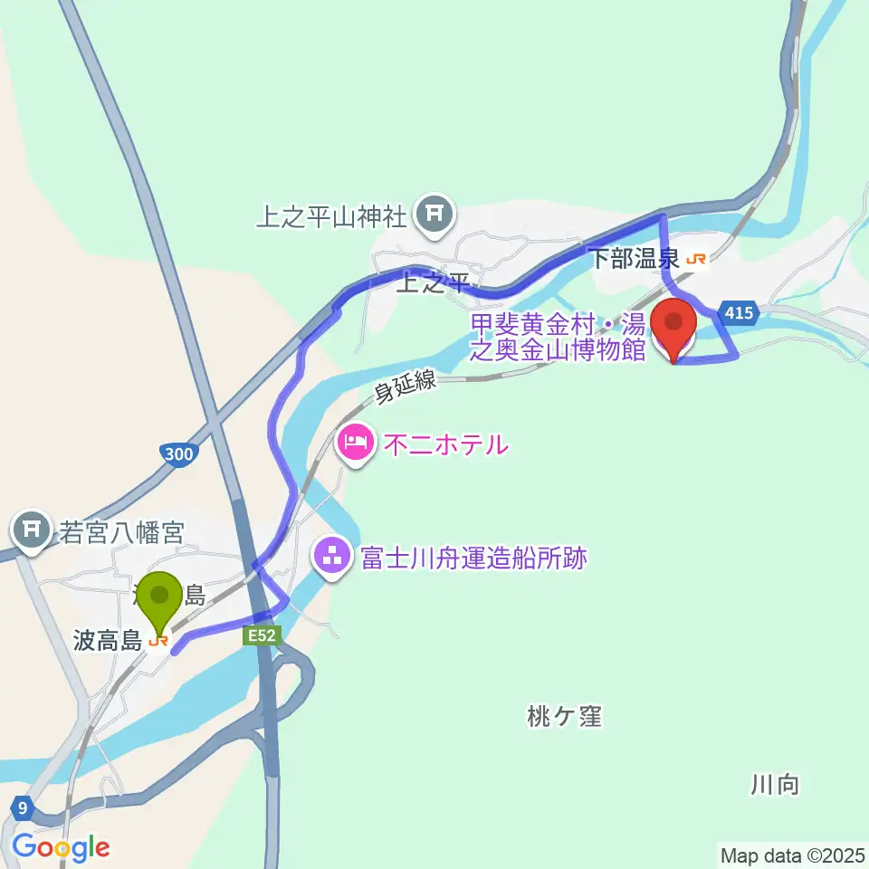 波高島駅から甲斐黄金村・湯之奥金山博物館へのルートマップ地図