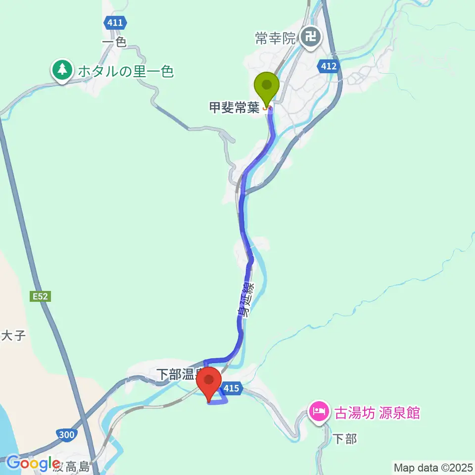甲斐常葉駅から甲斐黄金村・湯之奥金山博物館へのルートマップ地図